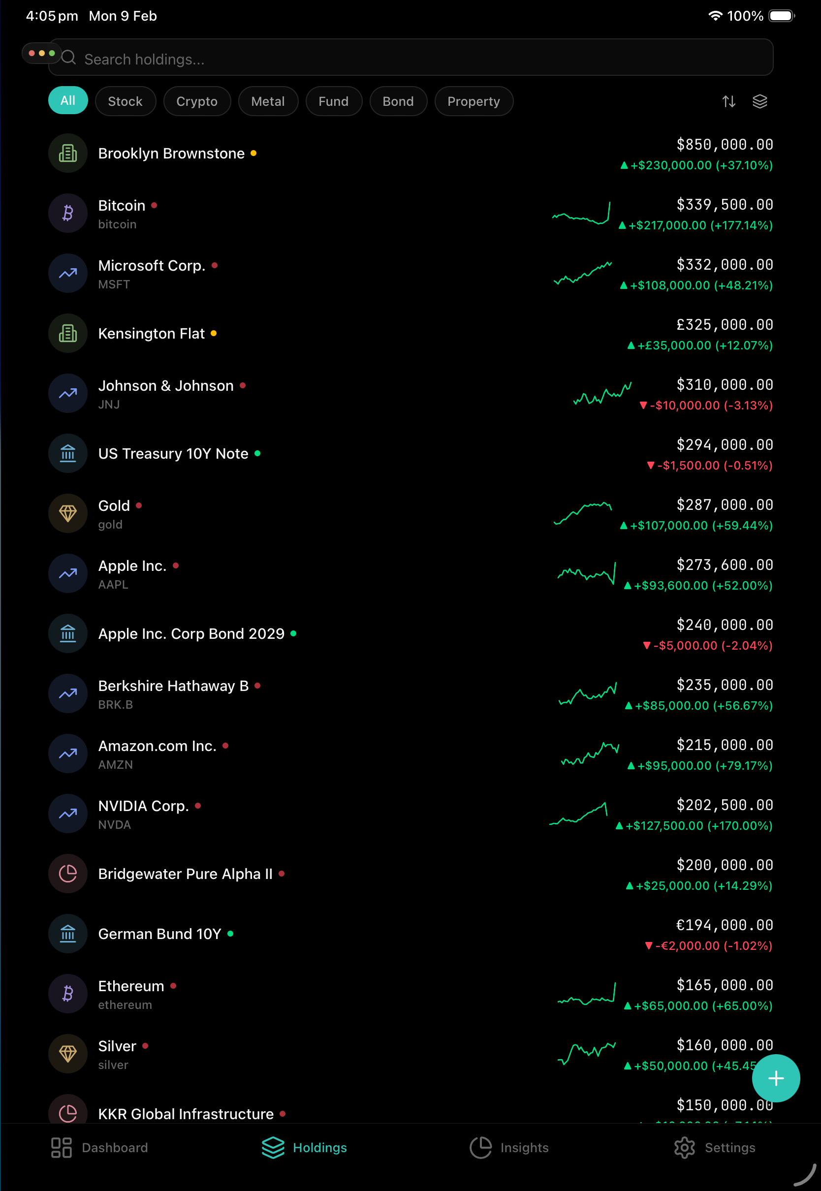 Holdings — searchable list of all assets with live prices